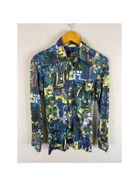 Vintage Vincent Slim Fit Abstract Geometric Print Disco Shirt Blue Green Mens S